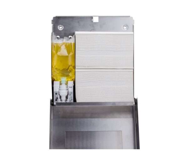 Pojemnik na ręczniki składane z bezdotykowym automatycznym dozownikiem mydła w pianie i z lustrem ze stali SuperMirror „3 w 1" MERIDA STELLA SLIM WHITE LINE COMBO, biały Pojemnik na ręczniki składane z bezdotykowym automatycznym dozownikiem mydła w pianie i z lustrem ze stali SuperMirror „3 w 1" MERIDA STELLA SLIM WHITE LINE COMBO, biały