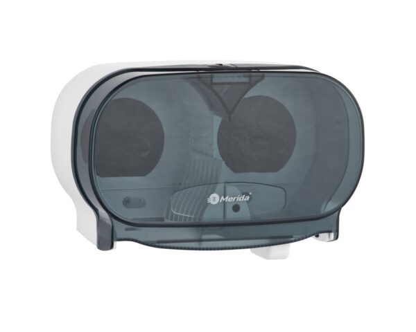 Pojemnik na dwie rolki papieru toaletowego bez gilzy MERIDA ONE biały za 50 zł netto przy zakupie 2 kartonów papiery toaletowego MERIDA TOP PTB301 (36 x 85 m = 3060 m, 12 240 listków)