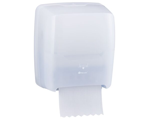 Mechaniczny podajnik ręczników papierowych w rolach MERIDA HARMONY AUTOMATIC MAXI, tworzywo, biały transparentny Mechaniczny podajnik ręczników papierowych w rolach MERIDA HARMONY AUTOMATIC MAXI, tworzywo, biały transparentny