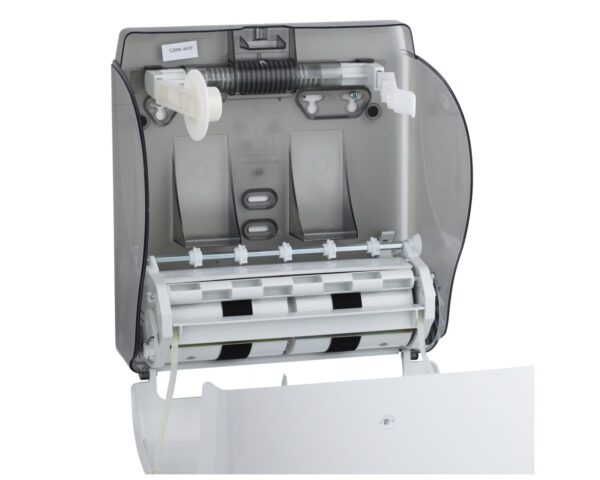 Mechaniczny podajnik ręczników papierowych w rolach MERIDA LUX CUT AUTOMATIC MAXI, tworzywo ABS, biały Mechaniczny podajnik ręczników papierowych w rolach MERIDA LUX CUT AUTOMATIC MAXI, tworzywo ABS, biały