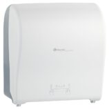 Mechaniczny podajnik ręczników papierowych w rolach MERIDA SOLID CUT AUTOMATIC MAXI, tworzywo ABS, front pełen biały - mat, tył transparentny jasny - mat