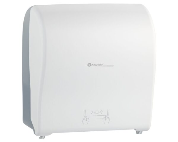Mechaniczny podajnik ręczników papierowych w rolach MERIDA SOLID CUT AUTOMATIC MAXI, tworzywo ABS, front pełen biały - mat, tył transparentny jasny - mat Mechaniczny podajnik ręczników papierowych w rolach MERIDA SOLID CUT AUTOMATIC MAXI, tworzywo ABS, front pełen biały - mat, tył transparentny jasny - mat