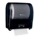 Mechaniczny podajnik ręczników papierowych w rolach MERIDA SOLID CUT AUTOMATIC MAXI, tworzywo ABS, front transparentny ciemny - połysk, tył pełen ciemny - połysk