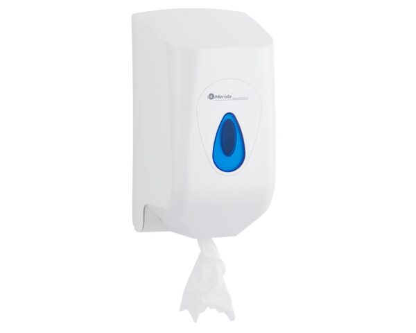 Pojemnik na ręczniki papierowe w rolach MERIDA TOP MINI, tworzywo ABS, biały, okienko niebieskie Pojemnik na ręczniki papierowe w rolach MERIDA TOP MINI, tworzywo ABS, biały, okienko niebieskie