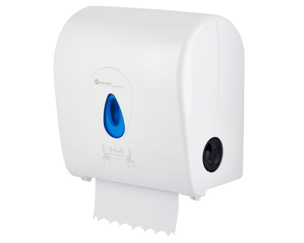 Mechaniczny podajnik ręczników papierowych w rolach MERIDA TOP AUTOMATIC MAXI, tworzywo ABS, biały połysk, okienko niebieskie Mechaniczny podajnik ręczników papierowych w rolach MERIDA TOP AUTOMATIC MAXI, tworzywo ABS, biały połysk, okienko niebieskie