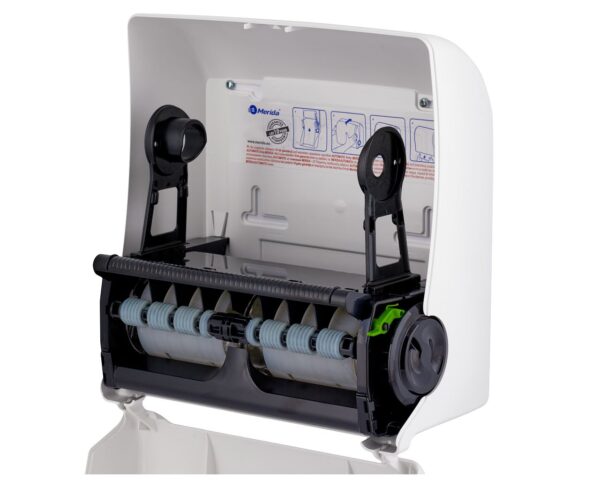 Mechaniczny podajnik ręczników papierowych w rolach MERIDA TOP AUTOMATIC MAXI, tworzywo ABS, biały połysk, okienko szare Mechaniczny podajnik ręczników papierowych w rolach MERIDA TOP AUTOMATIC MAXI, tworzywo ABS, biały połysk, okienko szare