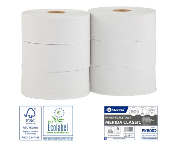 Papier toaletowy MERIDA CLASSIC , biały, średnica 28 cm, długość 480 m, jednowarstwowy, zgrzewka 6 szt., ECOLABEL