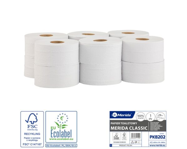 Papier toaletowy MERIDA CLASSIC, biały, średnica 19 cm, długość 220 m, jednowarstwowy, zgrzewka 12 szt., ECOLABEL