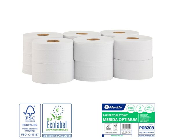 Papier toaletowy MERIDA OPTIMUM, biały, średnica 19 cm, długość 140 m, dwuwarstwowy, zgrzewka 12 szt., ECOLABEL