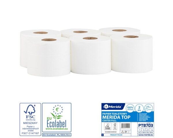 Papier toaletowy MERIDA TOP CENTER PULL, biały, średnica 17 cm, długość 120 m, dwuwarstwowy, zgrzewka 6 szt., ECOLABEL