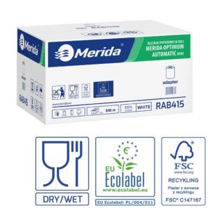 Ręczniki papierowe w roli z adaptorem, MERIDA OPTIMUM AUTOMATIC MINI ECOLABEL, dwuwarstwowe, białe, średnica 14,5 cm, długość 140 m, karton 6 rolek