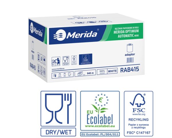 Ręczniki papierowe w roli z adaptorem, MERIDA OPTIMUM AUTOMATIC MINI ECOLABEL, dwuwarstwowe, białe, średnica 14,5 cm, długość 140 m, karton 6 rolek