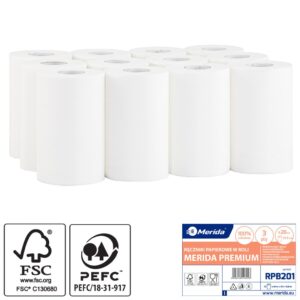 Ręczniki papierowe w roli MERIDA PREMIUM MINI, białe, średnica 13 cm, długość 44 m, trzywarstwowe, zgrzewka 12 rolek