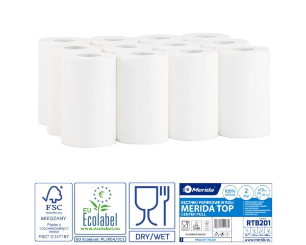 Ręczniki papierowe w roli MERIDA TOP MINI, białe, średnica 13 cm, długość 70 m, dwuwarstwowe, zgrzewka 12 rolek, ECOLABEL