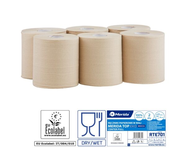 Ręczniki papierowe w roli MERIDA TOP EKO CENTER PULL MAXI, piaskowe, średnica 17,2 cm, długość 160,1 m, dwuwarstwowe, zgrzewka 6 rolek, ECOLABEL