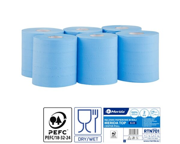 Ręczniki papierowe w roli MERIDA TOP CENTER PULL MAXI, niebieskie, średnica 18,4 cm , długość 160,1 m, dwuwarstwowe, zgrzewka 6 rolek
