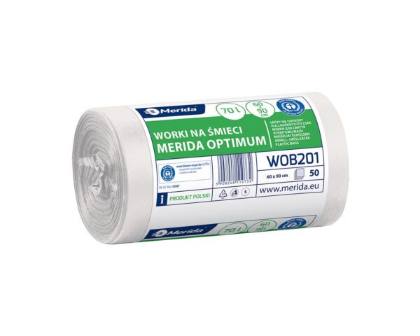 Worki na śmieci MERIDA OPTIMUM, 60 x 90 cm, pojemność 70 l, rolka 50 szt., BIAŁE, HDPE/LDPE Worki na śmieci MERIDA OPTIMUM, 60 x 90 cm, pojemność 70 l, rolka 50 szt., BIAŁE, HDPE/LDPE