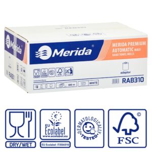 Ręczniki papierowe w roli z adaptorem MERIDA PREMIUM AUTOMATIC MAXI, białe, średnica 18,5 cm, długość 100 m, trzywarstwowe, karton 6 rolek, ECOLABEL