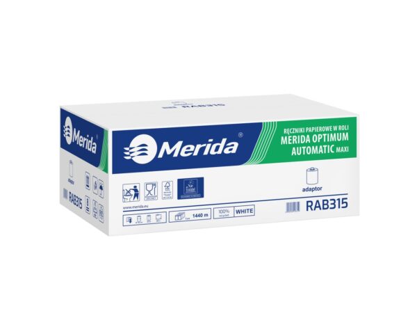 Ręczniki papierowe w roli z adaptorem, MERIDA OPTIMUM AUTOMATIC MAXI ECOLABEL, dwuwarstwowe, białe, średnica 19,5 cm, długość 240 m, karton 6 rolek Ręczniki papierowe w roli z adaptorem, MERIDA OPTIMUM AUTOMATIC MAXI ECOLABEL, dwuwarstwowe, białe, średnica 19,5 cm, długość 240 m, karton 6 rolek
