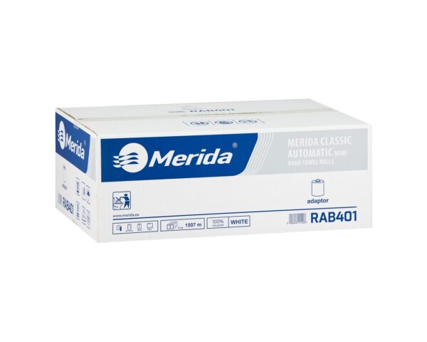 Ręczniki papierowe w roli z adaptorem MERIDA OPTIMUM AUTOMATIC MINI, białe, średnica 14,5 cm, długość 137 m, jednowarstwowe, karton 11 rolek
