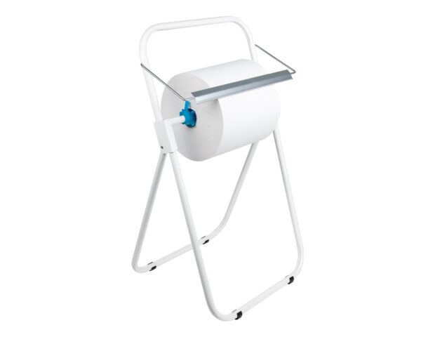 Stojak na przemysłowe czyściwa w rolach, metalowy, biały Stojak na przemysłowe czyściwa w rolach, metalowy, biały