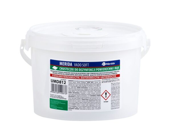 Chusteczki nasączone do dezynfekcji rąk i powierzchni MERIDA VADO SOFT, bezalkoholowe, wiadro 3l, rolka 44,5 m, 445 listków