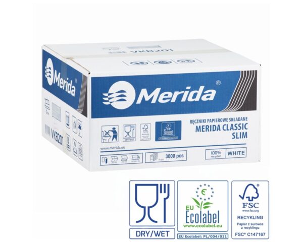 Ręczniki papierowe MERIDA CLASSIC SLIM, białe, jednowarstwowe, 3000 szt., ECOLABEL