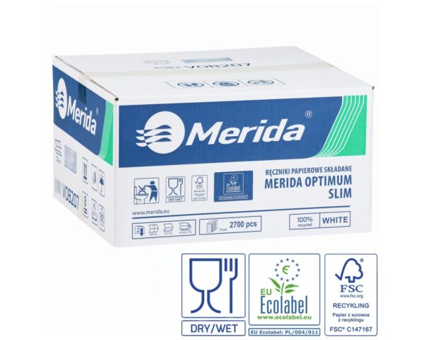 Ręczniki papierowe MERIDA OPTIMUM SLIM, białe, dwuwarstwowe, 2700 szt., ECOLABEL