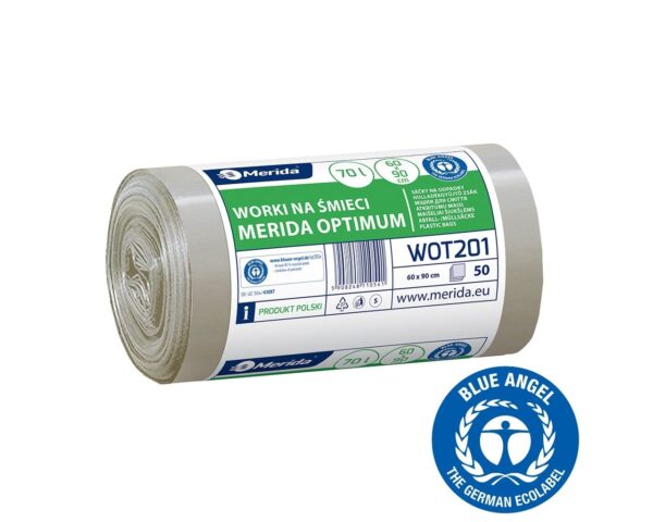 Worki na śmieci 70 l, MERIDA OPTIMUM BLUE ANGEL, bezbarwne, 60x90 cm, rolka 50 szt.