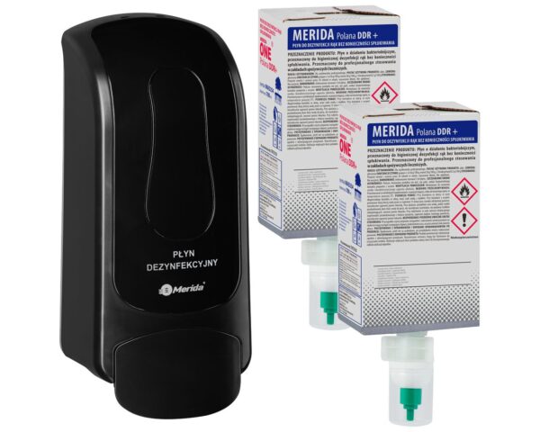 Dozownik płynu dezynfekcyjnego MERIDA ONE czarny i dwa wkłady płynu dezynfekującego